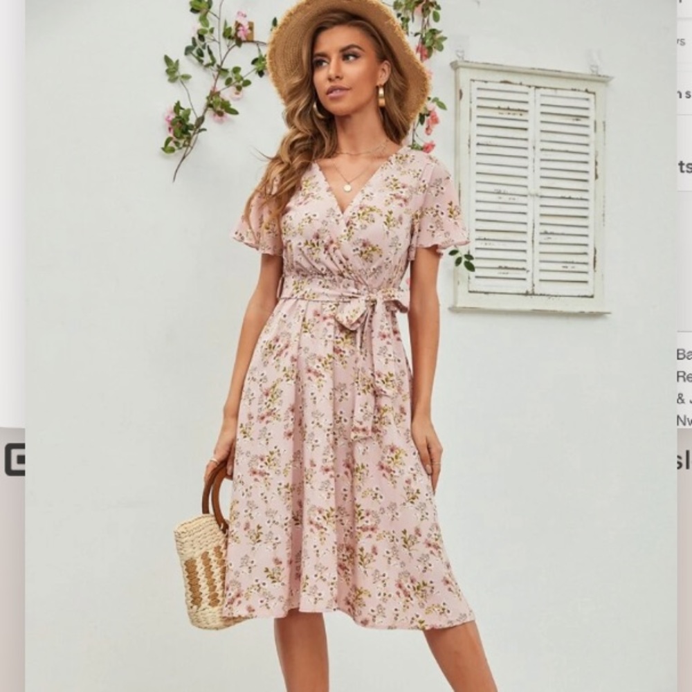 SHEIN Ditsy Floral Print Belted Dress